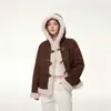 Nova jaqueta de camurça com capuz e pele de carneiro marrom para mulheres, estilo outono e inverno, tamanho pequeno, forrada com fleece e espessa
