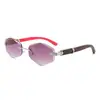 Gafas de Sol de Venta Caliente Transfronterizas 2026, Lentes Poligonales Sin Marco de Moda, Marco Delgado, Varillas de Madera, Gafas de Sol para Mujer