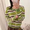 ¡Muy recomendado para uso personal! Suéter de punto calado con cuello en V y mangas largas, a rayas de bloques de color estilo coreano para mujer, perfecto para otoño, ofreciendo un look juvenil y suave.