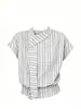 Camisa a Rayas Estilo Universitario Coreano para Mujer, Verano Manga Corta Corte Holgado, Diseño Rejuvenecedor, Cuello Campana con Diseño de Cinta, Top de Nicho