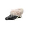 Mocassins de salto alto bico quadrado nicho femininos 2026 Outono/Inverno Novos Salto Grosso Sapatos Pequenos de Couro Petite Retro Pelo Sapatos de Salto