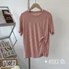 Camiseta de manga corta con cuello redondo, color liso, de cupro anudado para mujer, con efecto de caída, entallado favorecedor y holgado, adecuada para yoga, danza y danza jazz