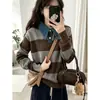 Estilo Coreano Estilo Academia Cuello de Mezclilla Tejido de Punto Rayado Blanco y Negro para Mujer Otoño Invierno Transfronterizo Nuevo Estilo Bloque de Color Versátil Suéter Adelgazante