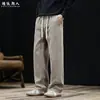 100% Algodão Estilo Old Money Minimalista Calças Casuais Masculinas Outono Cordão Cintura Elástica Perna Reta Solta Calças Longas Cinza Escuro