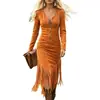 Estación independiente de Amazon de talla europea y americana transfronteriza vestido vintage western de vaquera ajustado de manga larga con flecos