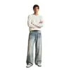 Calça jeans estilo americano, corte cleanfit, de bambu, lavagem desgastada, perna curva, unissex, high-street, silhueta wide-leg com caimento fluido