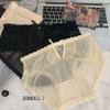 Ropa interior de niña con encaje de malla negra pura y sexy, entrepierna de seda morera, bragas de cintura media con huecos en la cadera