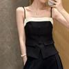 Traje de Moda Coreana para Mujer Camisola Dulce y Picante Francesa Verano Nuevo Negro Holgado Adelgazante Pantalones de Pierna Ancha