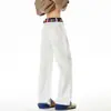 Jeans blancos con estampado de serpiente y dobladillo enrollado para hombre, pantalones con vibra de la alta calle americana, diseño de nicho, pantalones de pierna recta ligeramente acampanados