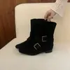 Nova Fivela de Cinto Vintage Outono 2026 Botas Western Cowboy para Mulheres, Bico Quadrado, Salto Bloco, Camurça, Emagrecedoras, Elegantes Botas de Cano Médio