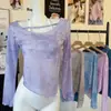 Top de Capa Base de Malla Tie-dye Irregular con Protección Solar para Mujer Primavera y Otoño Petite Ajustado Elegante Camiseta de Manga Larga Top Corto