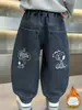 Ropa de Otoño e Invierno para Niños Estampado de Dibujos Animados Jeans con Felpa Pantalones Casuales Sueltos de una Pieza para Niños Pantalones de Bebé Comercio Exterior