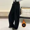 Calça Autêntica de Lã Forrada com Fleece para Outono e Inverno, Perna Larga Grossa para Mulheres, Cintura Alta com Cordão, Solta, Modeladora, Caimento Casual