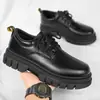 Sapatos Casuais de Couro Masculino Outono Novo Preto com Cadarço Diário Trabalho Aumento Pequenos Sapatos de Couro Formais Bico Redondo Sapatos Masculinos