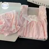 Pijama feminino estilo francês para primavera e outono, gola quadrada de renda, mangas longas soltas, calça longa, bojos fixos, conjunto de casa de alta qualidade