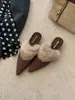 Sapatos casuais femininos Baotou, novo estilo 2026, tamancos peludos franceses de bico fino e salto baixo, nas cores preto e damasco