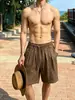 Shorts Plissados de Linho Sintético Estilo Old Money para Homens, Verão Finos Desconstruídos Casuais de Caimento Solto Comprimento Médio