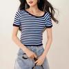 Camiseta de manga corta a rayas con hombro inclinado, nuevo diseño de verano, estilo nicho de chica popular, adelgazante