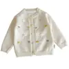Cárdigan de punto con cuello redondo y ribete de encaje estilo coreano para niñas pequeñas, prenda exterior de primavera y otoño, chaqueta suéter floral colorida en stock