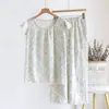Conjunto de Pijama Feminino Fino de Crepe Estampado 100% Algodão, Simples Estilo Tassel Pulôver com Mangas Volumosas, Roupa de Casa 100% Algodão