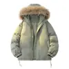 Chaqueta de algodón con capucha y cuello grande de pelo para parejas, ambiente invernal, chaqueta acolchada de corte holgado con cordón en el dobladillo, chaqueta de algodón a prueba de frío para hombre