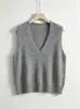 Colete de Tricô Gola V Escovado 100% Lã Sem Mangas Cardigan para Mulheres Outono Inverno Camada Versátil Solto Top Suéter
