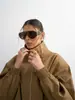 Jaqueta Curta de Trabalho com Gola Alta, Ombros Caídos, Mangas Largas Soltas, Punhos Ajustados, Bainha com Cordão, Design Plissado, Casaco Casual à Prova de Vento