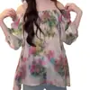 Blusa de Gasa Floral de Hombros Descubiertos Estilo Europeo de Verano 2026 para Mujer, Mangas Abullonadas Dulces, Reductora de Edad, Top Estampado Adelgazante