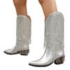 Botas de Cano Médio Transfronteiriças com Franjas de Camada Dupla, Botas Western Cowboy de Salto Grosso para Outono e Inverno, Botas de Equitação Femininas em Estoque