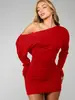Vestido Mini Bodycon Cruzado Europeo y Americano Estilo Puro Deseo de una Sola Manga Larga para Mujer Hombros Descubiertos Cintura Ceñida Elástico Ajustado Delgado Sexy para Chica