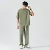 Traje Deportivo Casual para Hombre Primavera y Verano 2025 Nueva Moda Holgado Manga de Cinco Puntos Pantalones de Pierna Ancha Conjunto de Dos Piezas
