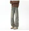 Calças de Trabalho Jeans Patchwork Lavado Retrô Wide Leg Outono Novo High Street Soltas Emagrecimento Perna Reta Comprimento Total Masculino