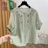 2026 Artístico Novo Retrô Exquisitamente Bordado Algodão Puro Verão Manga Curta Gola Redonda Solto Camiseta Top para Mulheres