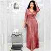 Primavera 2027 Moda Femenina Transfronteriza Europea, Americana y Africana Vestido Largo con Mangas Largas, Falda Plisada Acampanada con Estampado Dorado, Cinturón y Brillo