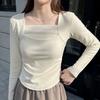 Camiseta Base de Terciopelo para Mujer Manga Larga Otoño e Invierno Interior Forrado de Felpa Engrosada Hombro Cuadrado Deseado Pescado Hueso T Top Cálido
