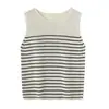 Chaleco de Punto Rayado de Cuello Redondo Estilo Old Money para Mujer, Top Retro Versátil de Verano de Tencel con Cuello Redondo, Holgado, Adelgazante