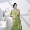2026 Vestido de Verano de Algodón y Seda Muzhen Nuevo Estilo Chino Pintura a Tinta Cuello Redondo Estampado Adelgazante Largo