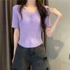 Camiseta de Tricô Irregular de Manga Curta para Mulheres Verão 2025 Novo Estilo Estilo Estrangeiro Redutor de Idade Emagrecedor Visual Camiseta Curta Estilo Hong Kong Top