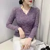 Camisa Sexy de Malla con Encaje y Cuello en V, Engrosada y Forrada de Felpa para Mujer de Ning Xinyi, Prenda Base Elegante de Manga Larga Ajustada