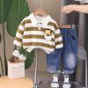Traje de primavera y otoño para niños, ropa de polo para niños, ropa de primavera para niños con solapa de dibujos animados, conjunto de dos piezas a rayas con tesoro para hombres