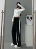 Pantalones Deportivos Rayados de Seda Negra Hielo para Mujer, Nuevo Estilo Engrosado Otoño 2026, Casual Rectos de Pierna Ancha Talla Petite Plus
