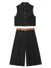 Conjunto Casual Femenino Transfronterizo: Chaleco recto de bloques de color + Pantalones cortos tipo bermuda largos plisados con cinturón