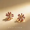 ¡Preciosos~! Pendientes de botón de Zirconia Glaseada de Lujo en Color Rojo Vino, Diseño de Fuegos Artificiales, Pendientes de Año Nuevo Modernos y Festivos