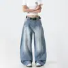 Jeans de pierna curva estilo americano, nuevo lavado retro para hombre, adelgazantes, corte holgado, pierna recta, pierna ancha, pantalones largos casuales, azul