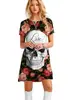 Vestido Estampado Digital 3D de Calavera y Rosa para Halloween 2024 Transfronterizo Verano Manga Corta Mini Vestido de Línea A para Mujer