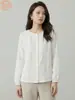 Camisa de Linho 100% Puro com Manga Sino Estilo Japonês para Mulheres, Blusa de Botão com Gola Redonda para Primavera e Verão, Camisa de Corte Solto com Proteção Solar para o Dia a Dia