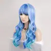 Ventas Directas de Fábrica de Pelucas de Cabello Largo Ondulado y Rizado, Popular Jiafa de Color Azul Mezclado con Flequillo para Mujeres Europeas y Americanas