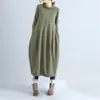 Vestido Linterna Vintage de Color Sólido para Primavera, Otoño e Invierno con Cuello Semi Alto, Elegante Vestido de Manga Larga con Parches de Algodón y Lino para Mujer