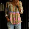 Nova camisa feminina transfronteiriça estampada de manga longa com botões e decote em V, elegante e estilosa para o trabalho, blusa casual única e da moda