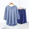 Algodón Transpirable Holgado Casual Ropa de Casa Verano Delgado Talla Grande Mangas de Murciélago Holgadas para Mujer Cuello en V Shorts Conjunto de Dos Piezas